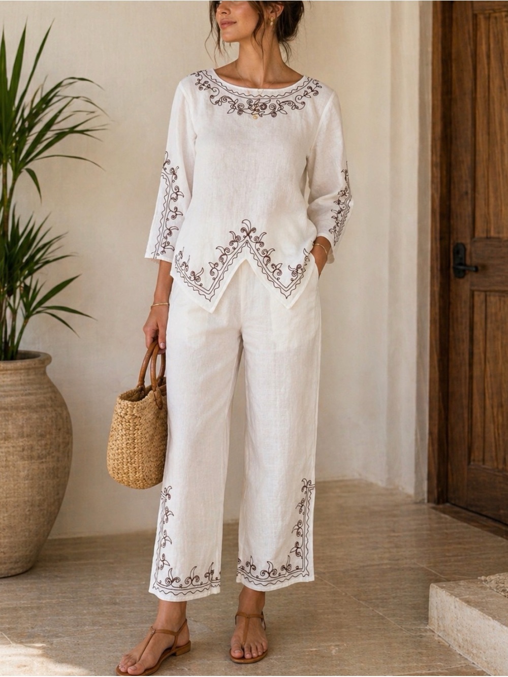 Lino USA Linen Pants Top Set Women's Size Small  White Embroidered